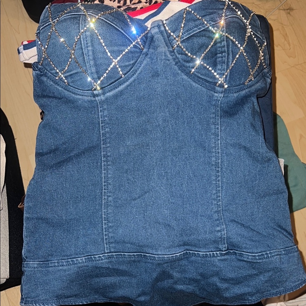 Blue Denim Bustier body suit Top with Rhinestone Accents (bodysuit)